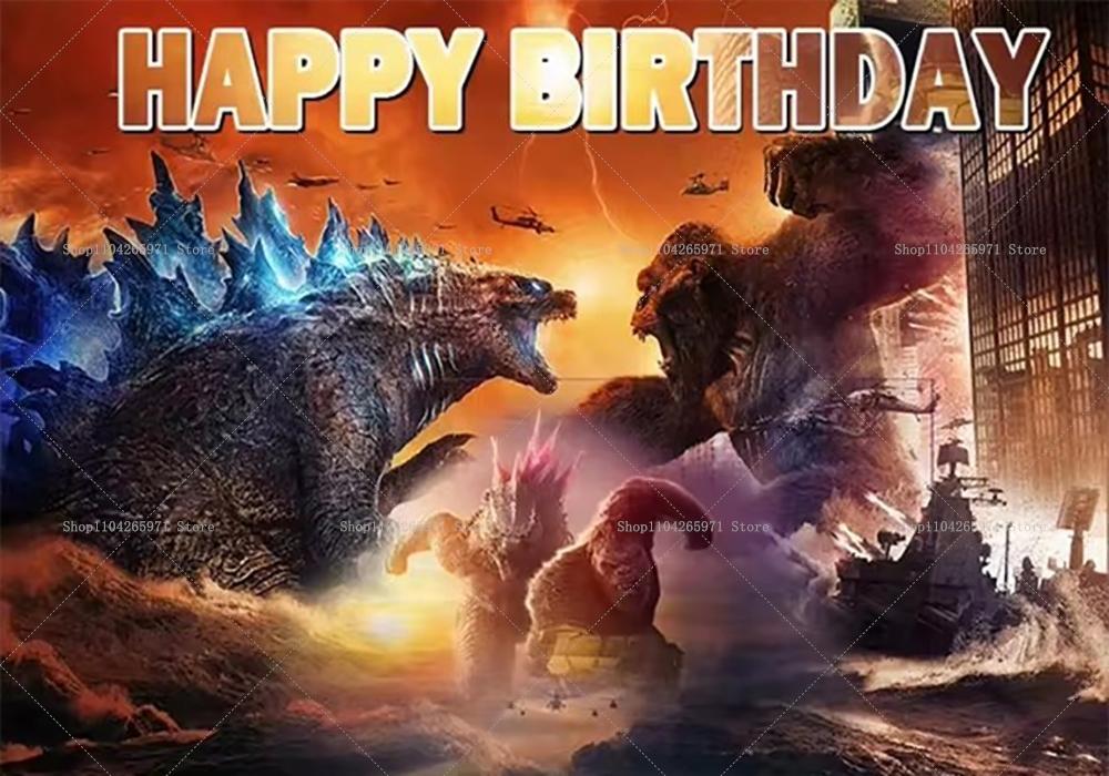 Godzilla Vs King Kong Cartoon Backdrop Banner Monster Clash Adventure Theme Kids Birthday Party Decor Photo Background Supplies