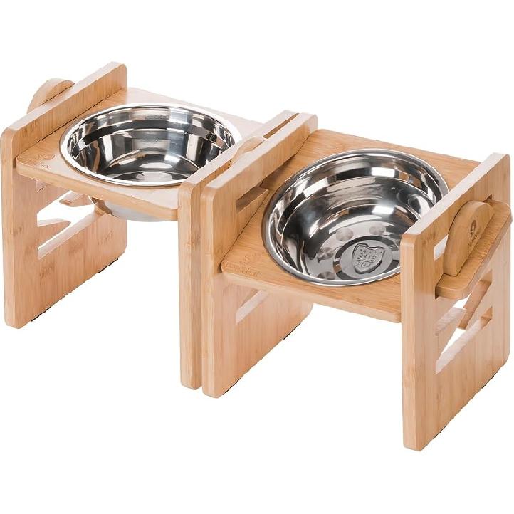 Elevated Dog Bowl, 6 Heights Adjustable Raised Dog Bowl 2.4″-6.7″, with Food Grade 304 Stainless Steel 15 OZ, Bamboo Dog Bowl Stand for Small &