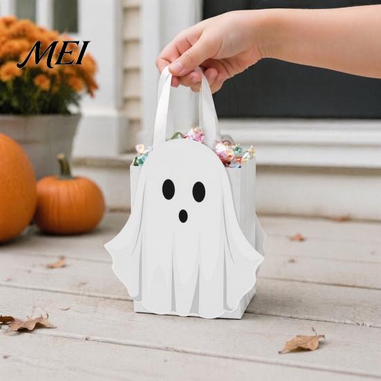 Holiday Snack Bags for School Halloween Ghost Cardboard Gift Bag, Cute Candy Goodie Reusable Small with Handle Birthday, Trick or Treat Party
