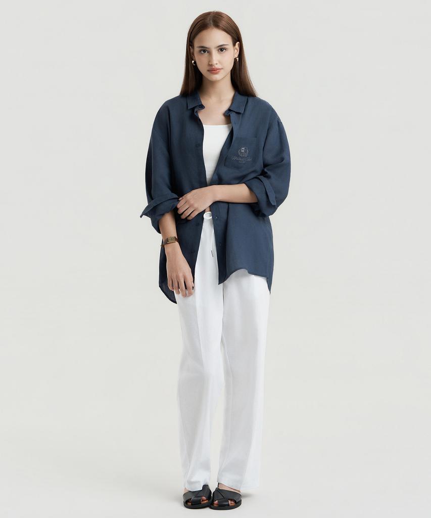 Delma W Linen Touch Semi-Wide Elastic Waist Pants - White