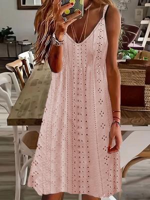 Summer Women Dress Hollow Out V Neck Sleeveless Vest Type Solid Color Loose A-line Big Hem Casual Soft Breathable Knee Length Beach Casual Commute