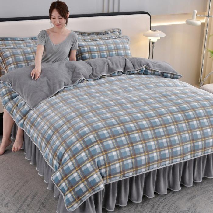 Thickened Milk Fleece Four-Piece Coral Fleece Quilt Cover, Bed Sheet Fleece Double-Sided Fleece Flannel Bedding, Bed Skirt