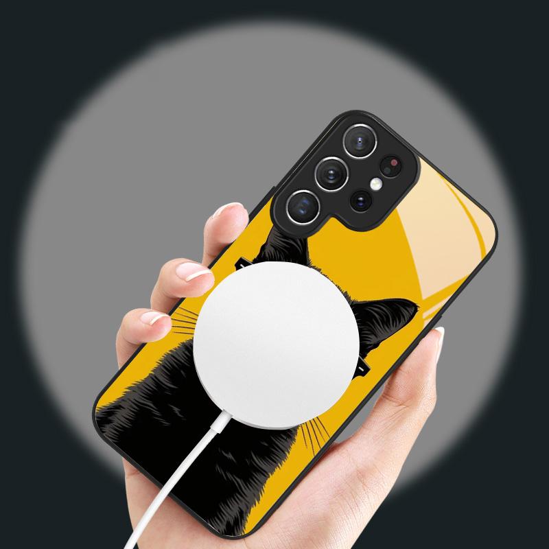 Cute White Flower Cat For Samsung S26 S20Ultra S21 Pro S22 Plus S23 FE S24 Ultra S25 For Magsafe Edge Glass Phone Case