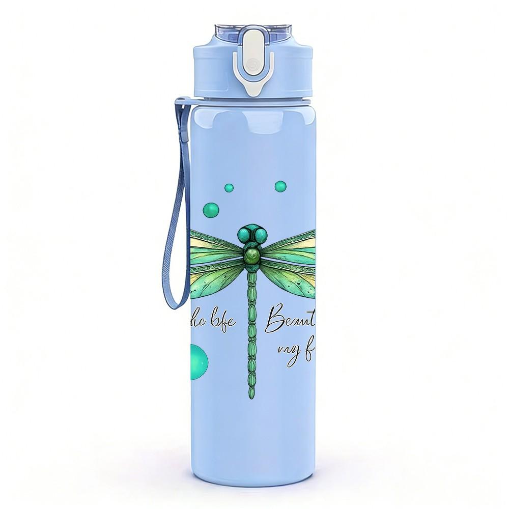 1PC Green Dragonfly Floral 750ml Color Plastic Sports Water Bottle Leakproof Flip Straw Lid Suitable for Sports Office Home Use