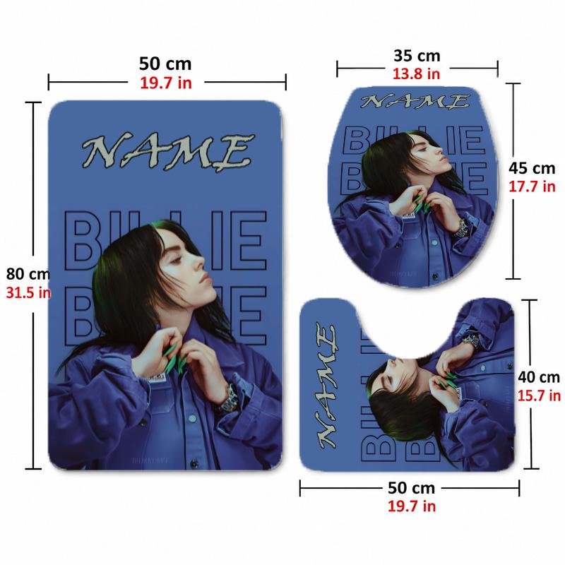 Billie eilish (5) Custom name Flannel Toilet 3 Piece Set Soft Bathroom Rug Toilet Seat Cover for Bathroom Home Decor