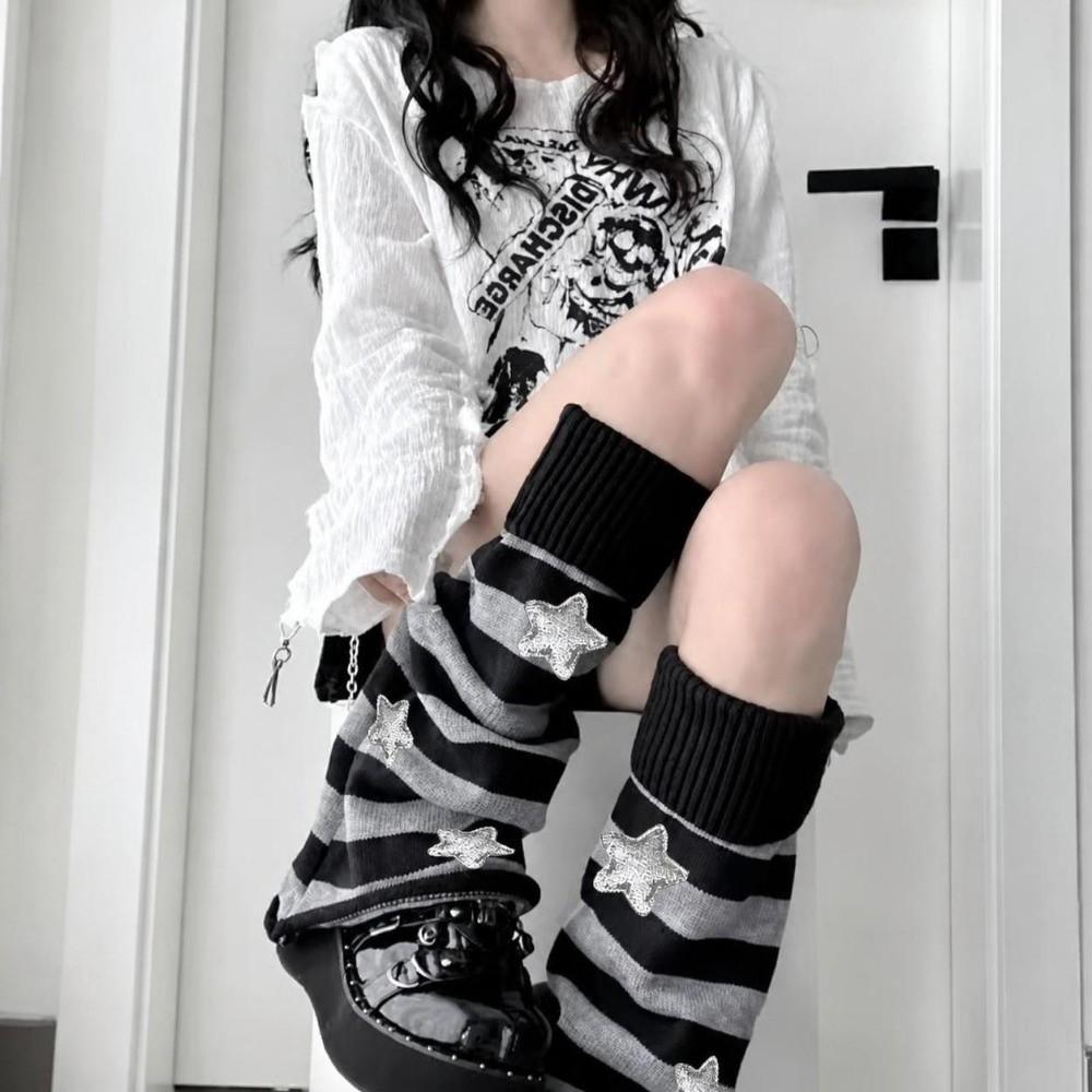 Star Decoration Knit Long Socks Striped Leg Warmers Vintage Boot Cuffs For Women