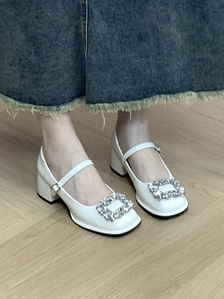 French retro high heel beige light mouth small leather shoes Mary Jane shoes women's thick heel single shoes rhinestone wedding shoes bride shoes