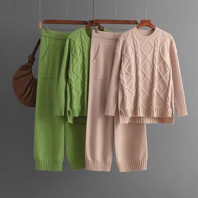 Autumn Winter Pullover 2 Pieces Women Sets Knitted Tracksuit 2026 New O-neck Sweater and Wide Leg Jogging Pant Suits Outfit