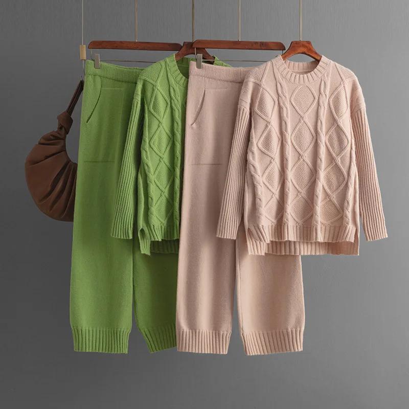 Suéter Grueso de Punto Retorcido Sólido Trajes de Dos Piezas para Mujer Top Cálido Holgado Pantalones Largos de Pierna Ancha Moda Francesa Casual Conjuntos de Punto