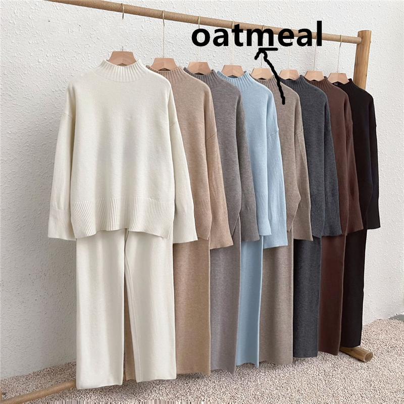 Autumn Winter Split Women's Sweater Sets Solid Color Knitted Sweaters Casual Pants Two-piece Sets