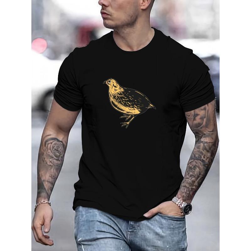 Quail Graphic Print, Men's Casual Crew Neck Short Sleeve Cotton T-shirt, Comfy Fit Outdoor Top For Summer