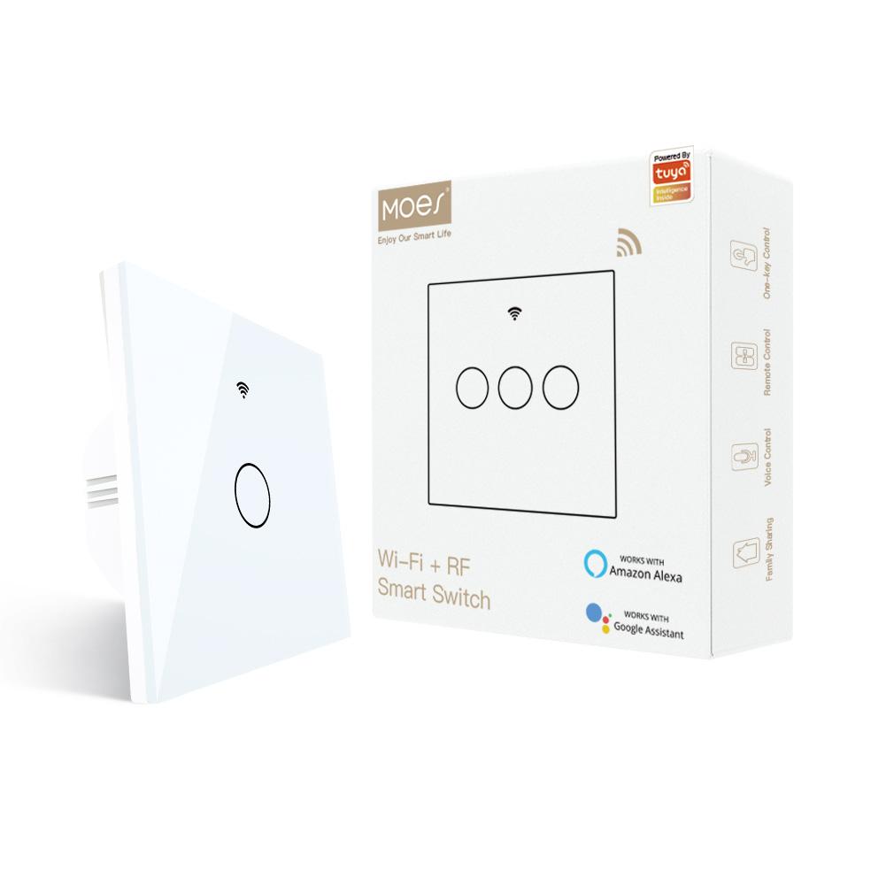 MOES Tuya  1/2/3 Gang  WiFi Smart Touch Wall Glass Switch Relay Status No Neutral Wire Needed RF433 Voice Control