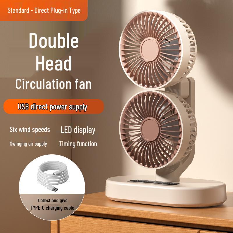 Dual-Head USB Mini Oscillating Desktop Fan with Digital Display for Home and Office