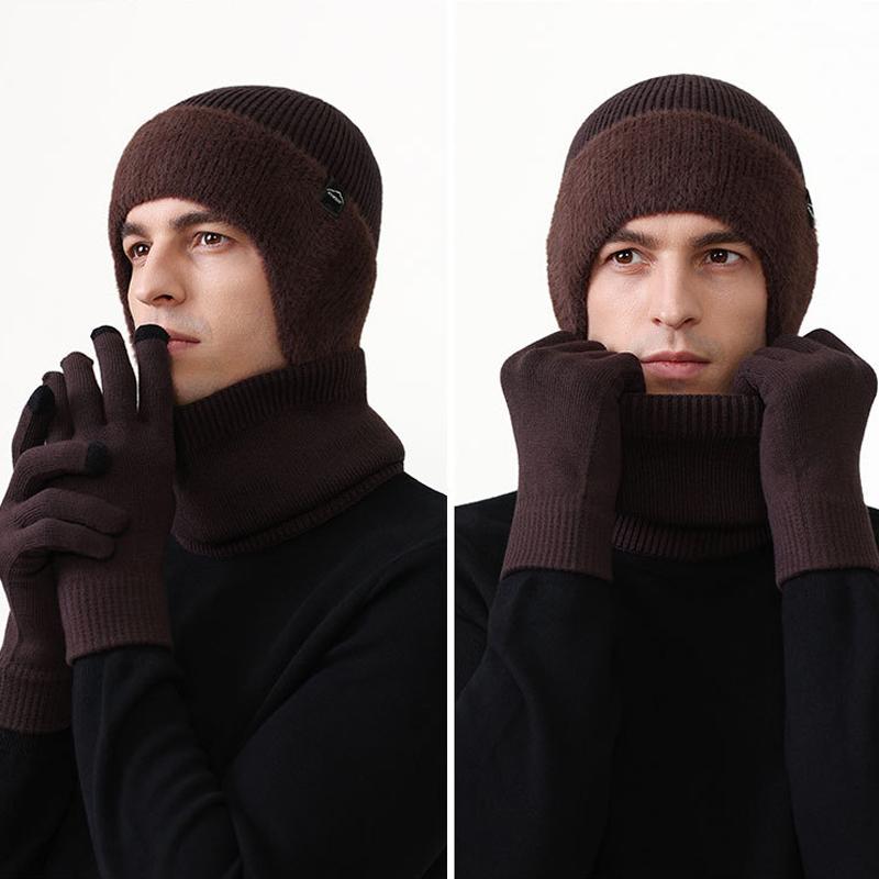 Wollmütze Herren Winter Outdoor Warme Mütze Schal Handschuhe Anzug Hochelastische Strickmütze