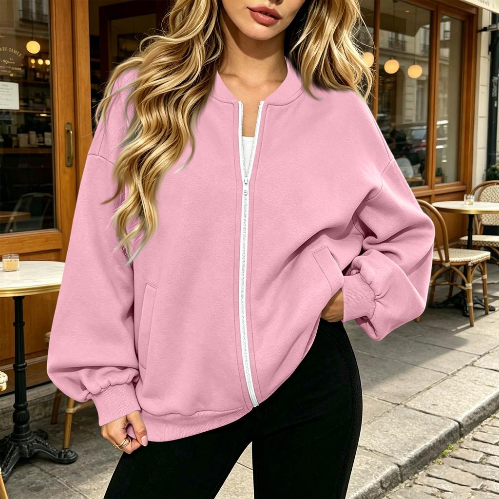 Women's Long Sleeve V-Neck Zip-Up Jacket, Casual Color Loose Fit Outerwear