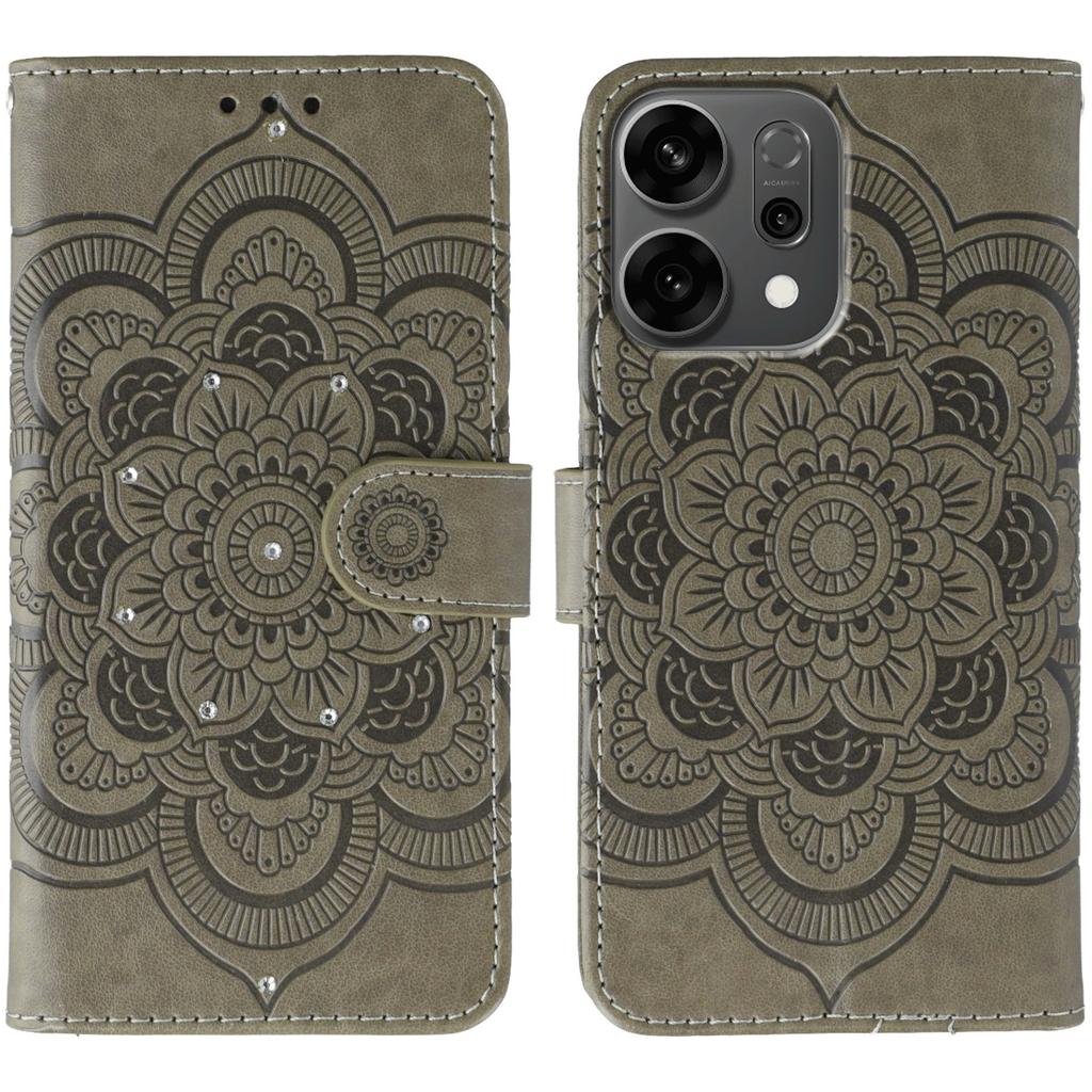 For Oppo Reno14 5G (Global) Case Rhinestone Decor PU Leather Mandala Imprinted Design Phone Cover with Wrist Strap