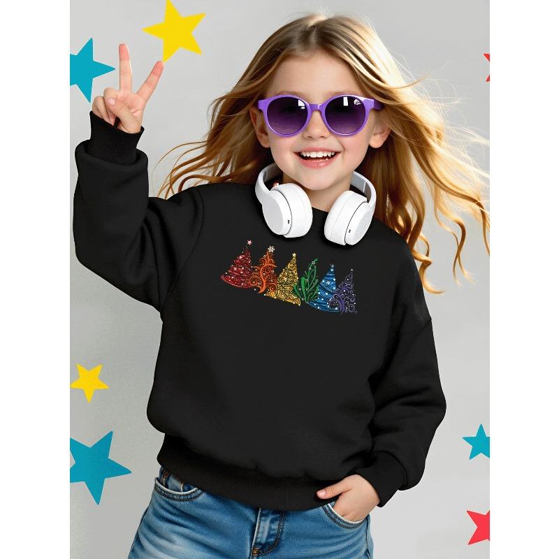 Colorful Christmas Trees Pattern 2026 New Girls' Long-sleeve Casual Crewneck Sweatshirt, Suitable for Outdoor Sports