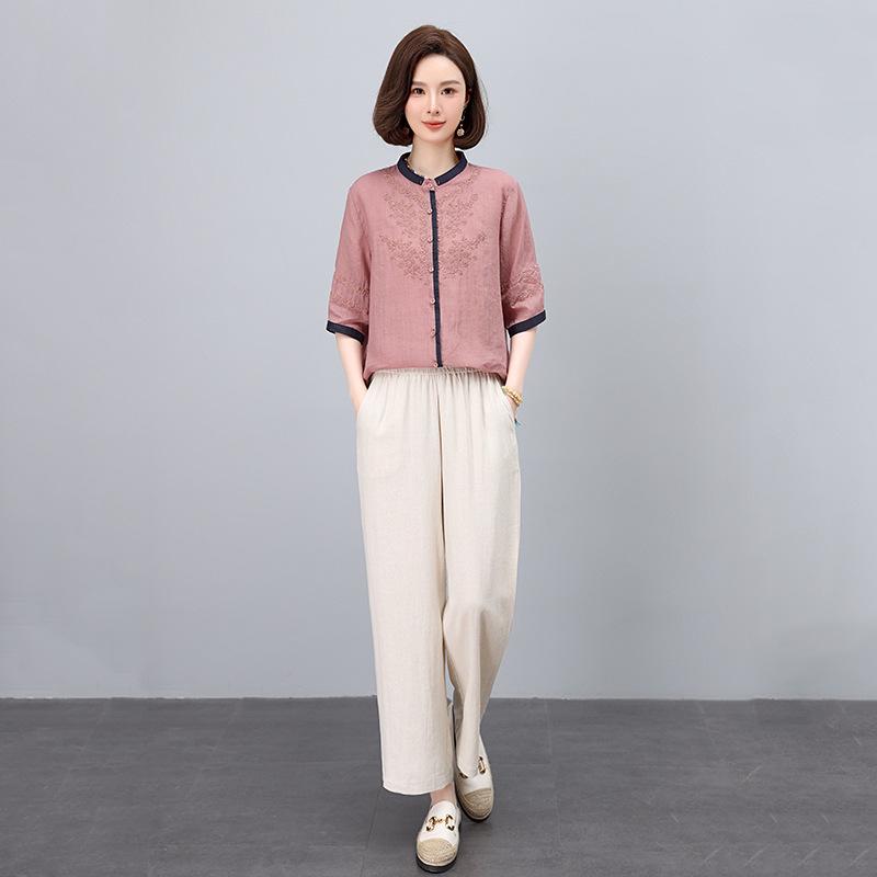 

Женский летний льняной костюм 2025: Высококлассный комплект-двойка с льняной рубашкой и брюками широкого кроя XXL розовый