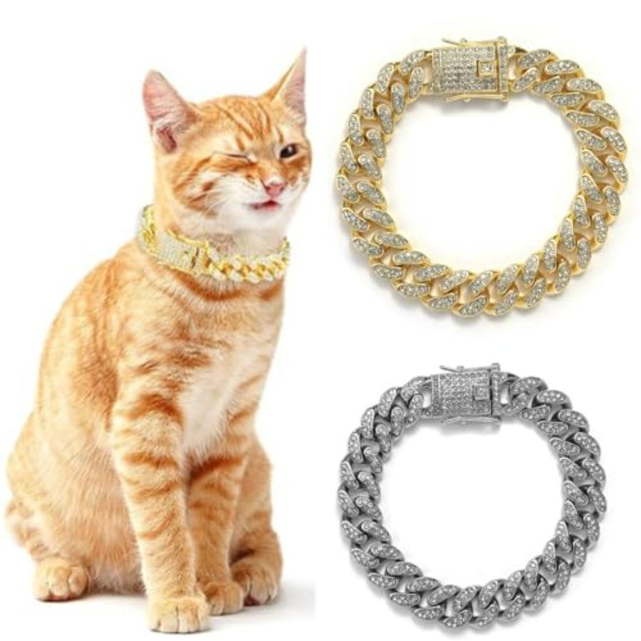 Cat Chain Collar, 2 Pcs Diamond Cuban Link Kitten Walking Collar with Secure Buckle Pet Rhinestones Necklace Metal Chain Jewelr