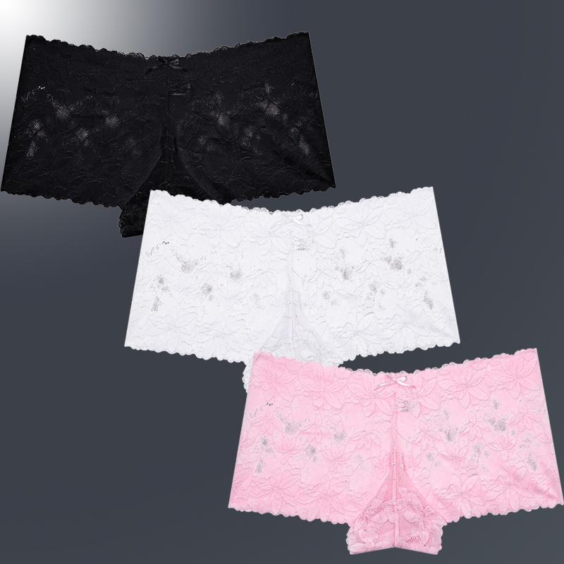3ks/Sada Dámské Sexy Krajkové Kalhotky Průhledné Spodní Prádlo s Květinovými Listy V-Pas Boyshort pro Ženy Měkké Intimní Prádlo