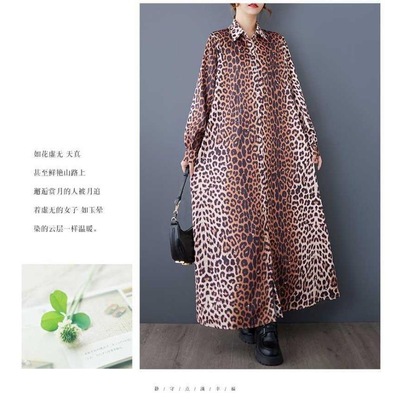 Loose Literary Big Size Fashion Leopard Print Mid-length Temperament Casual Dresses