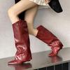 Eilyken Pleated Wedges High Heels Women Knee-High Boots Boots Design Pointed Toe Shoes Fashion Ladies Booties