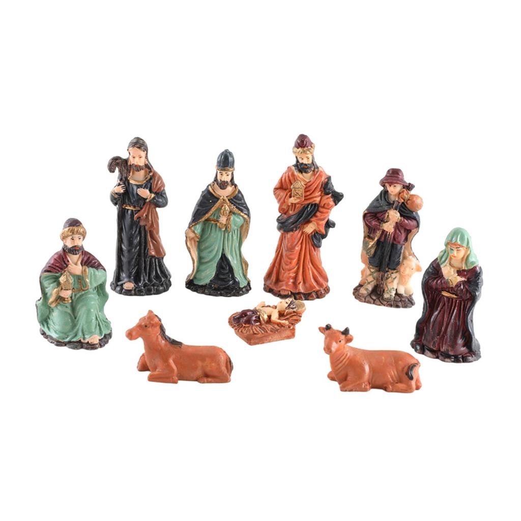 9Pcs Religious Christmas Nativity Scene Crafts Handmade Holiday Season Decor Colourful Xmas Sculpture Ornament Resin Decoration