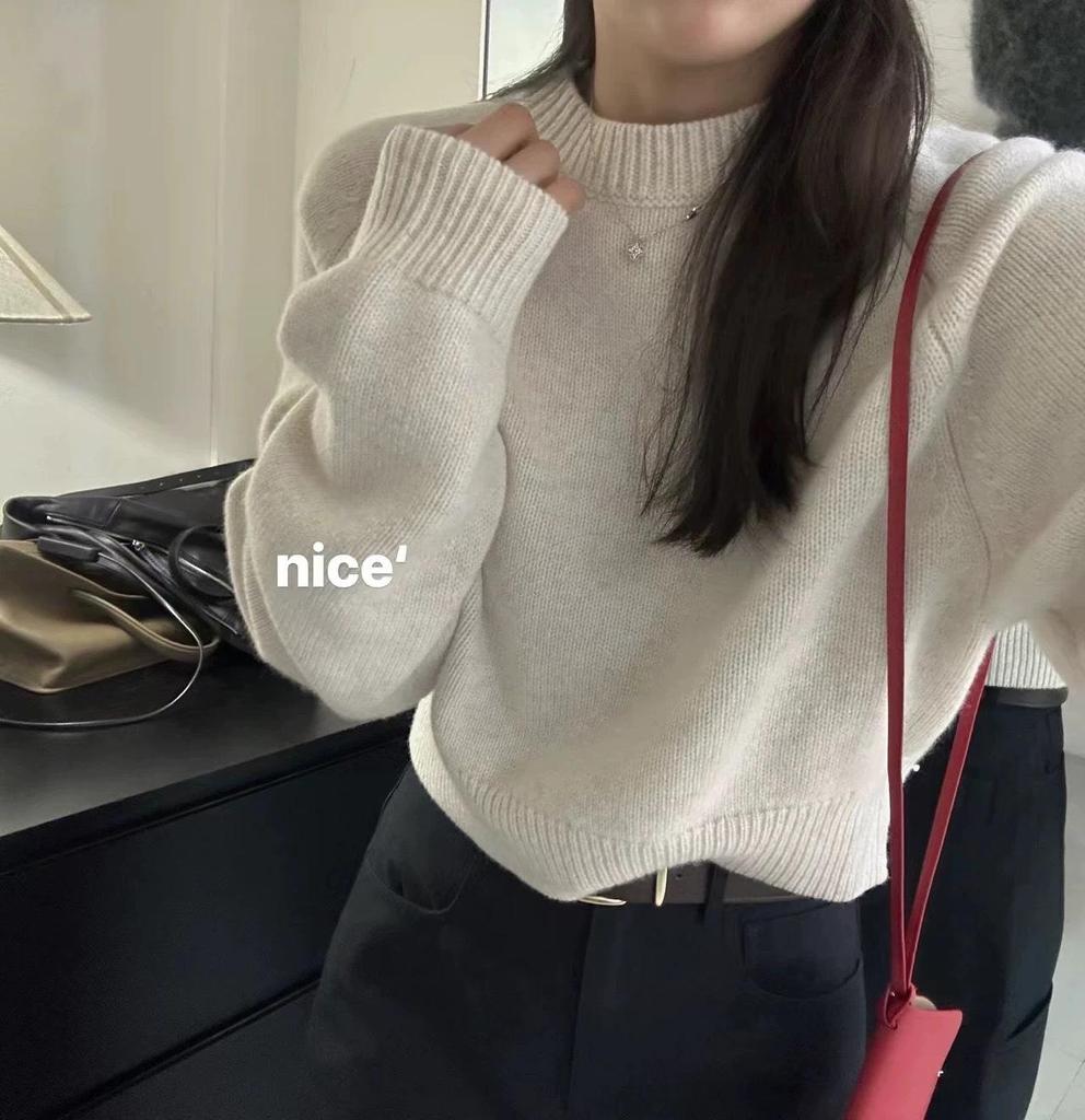 Women's 100% Pure Wool Loose Knit Sweater - New Lazy Style, Thick Round Neck, High Waist, Short Design