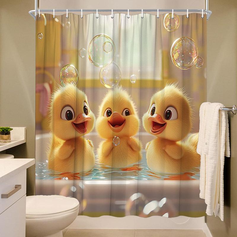 Playful Ducks Shower Curtain - Heartwarming Bath Time, Polyester, 12 Hooks, 70.8x70.8 Inches, Adorable Design, Machine Washable