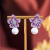 Zircons Exquisite Rose Red Cubic Zirconia Lovely Flower Dangle Drop Pearl Earrings for Women Chic Wedding Party Jewelry E1157
