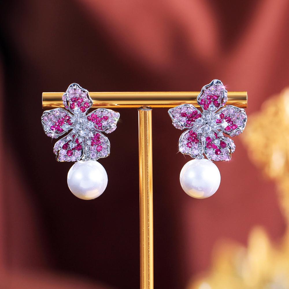 Zircons Exquisite Rose Red Cubic Zirconia Lovely Flower Dangle Drop Pearl Earrings for Women Chic Wedding Party Jewelry E1157