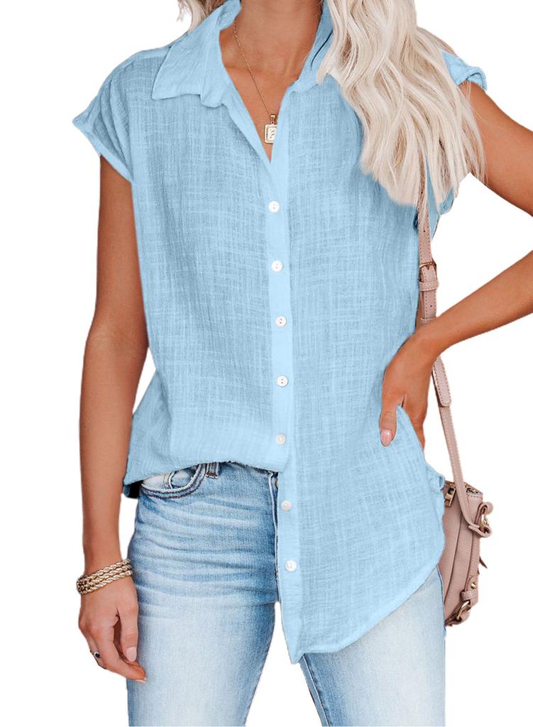 Damen Unifarbene Ärmellose Baumwollbluse mit Umlegekragen und Knöpfen Locker Lässig Sommer Top