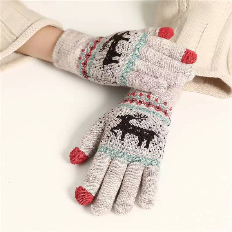 Deer Christmas Warm Gloves Five Fingers Wool Knitted Cotton Student Adult Riding Cartoon Gloves Female