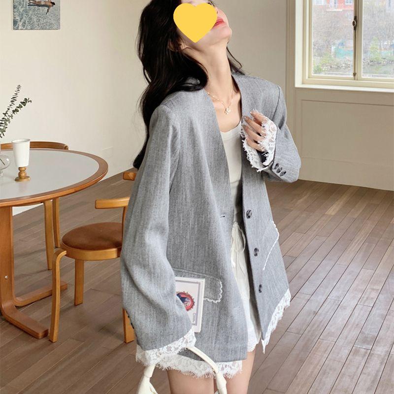 

Весенний повседневный блейзер с французским кружевом - Кардиган с длинным рукавом, свободного кроя, стройнящий 3XL (Recommended for 70-80kg) серый