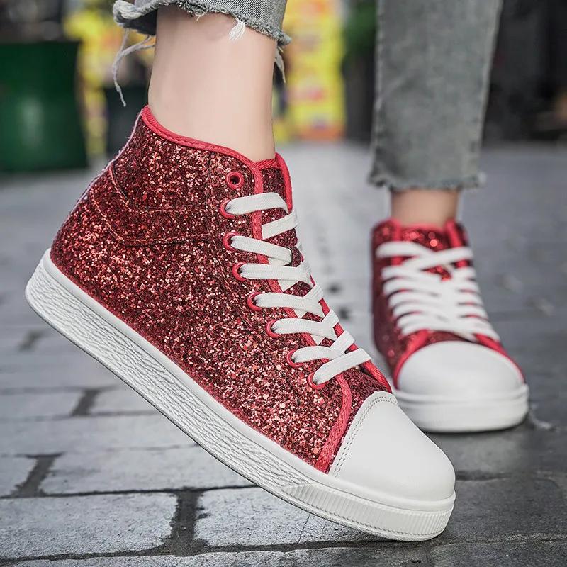 Luxury Red Designer Shoes Women High top Sneakers Lightweight Women's Vulcanized Shoes Fashion Glitter Sneakers Woman