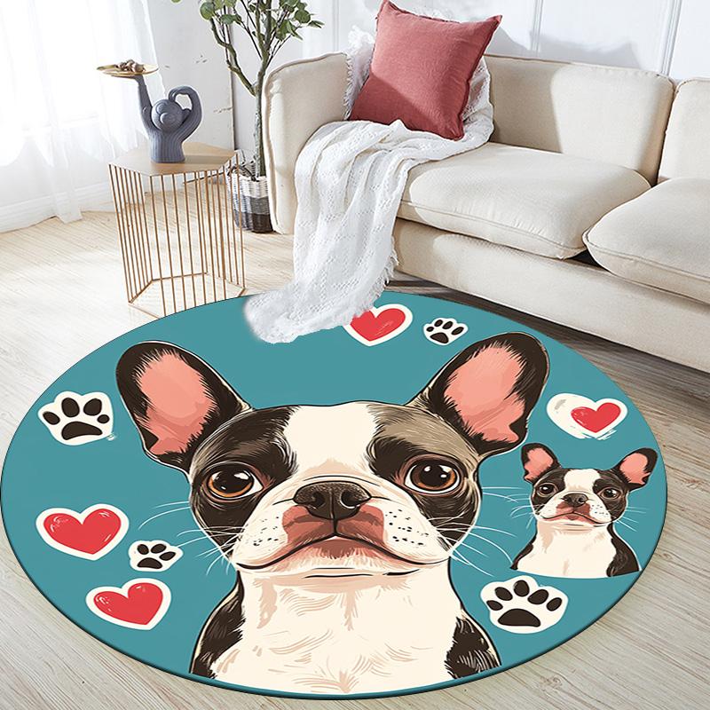 Okrągły dywanik z buldogiem francuskim, Dywanik do salonu, sypialni, przy sofie, pokoju zabaw, Mata podłogowa antypoślizgowa