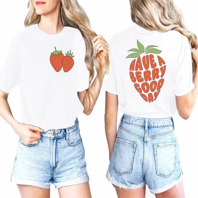 

Women s Strawberry Pattern Print Spring and Summer Cotton T-shirt Women s Casual Round Neck Short-sleeved Versatile Top 3XL