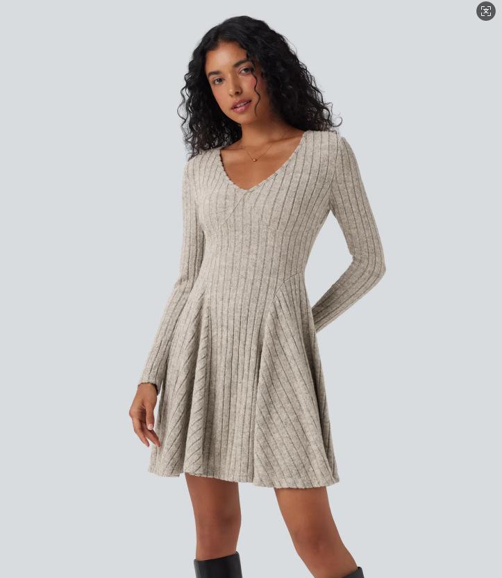 

European & American Ribbed Knit V-Neck Flared Mini Dress 2025 Medium світло-сірий колір