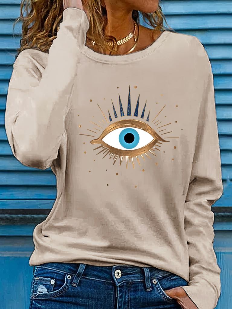100% reines Polyester Damen Frühling und Herbst lockeres bequemes Augenmuster bedrucktes Langarm Rundhals T-Shirt