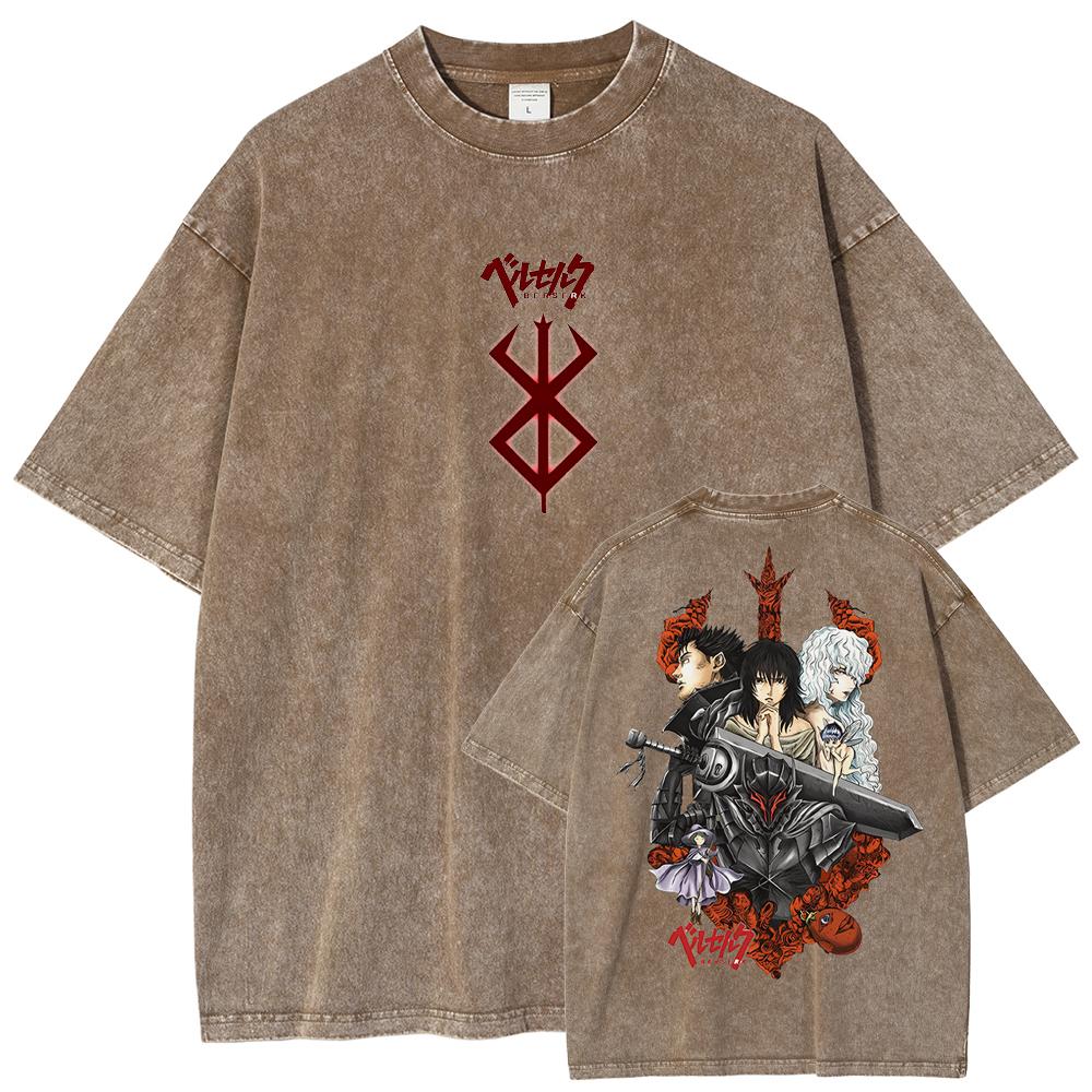Berserk Guts T Shirt Manga Griffith Printed  T-shirt Men Unisex Clothes Street Vintage Washed Tshirt Short Sleeve Cotton Tees