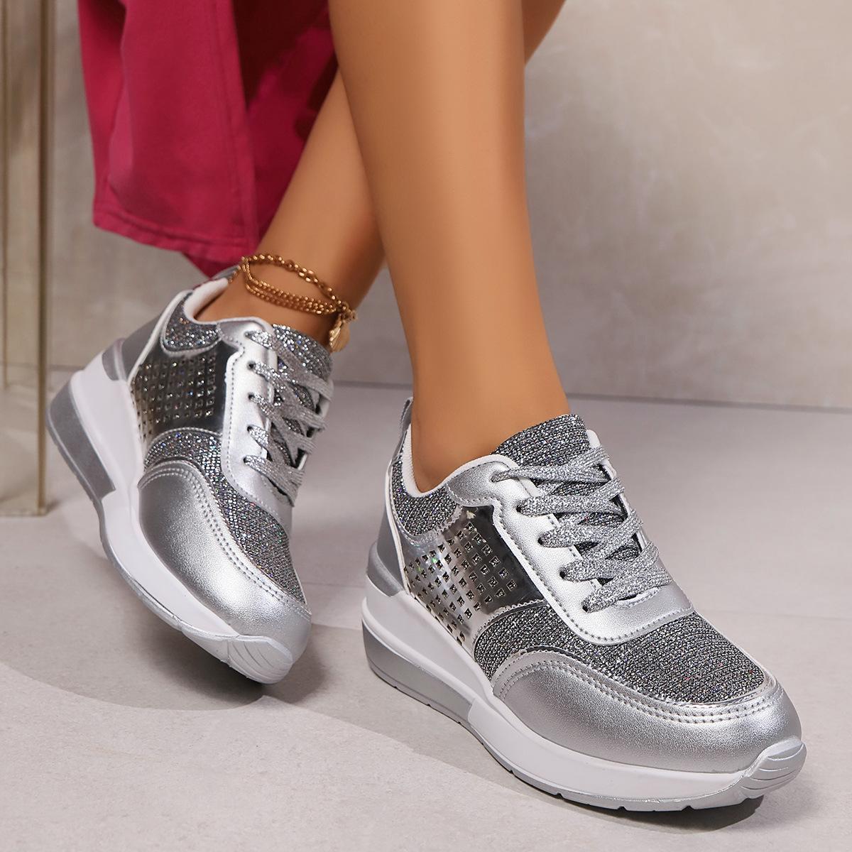 

Жіночі кросівки на платформі з похилим підбором великого розміру, дихаючі, з паєтками, з круглим носком, на шнурівці, весняно-осінні повсякденні кросівки 43 срібний