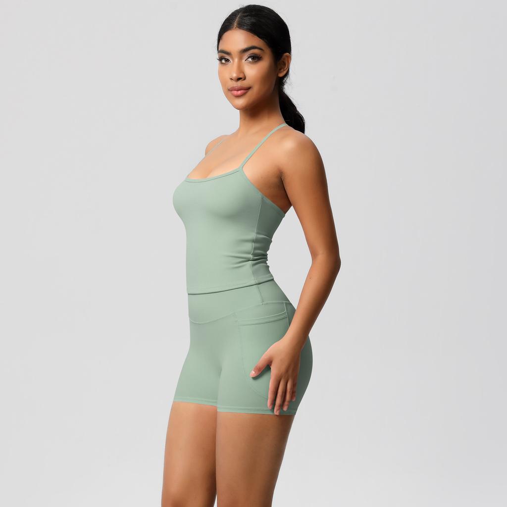 Yungan Eng anliegender Sandstrahl-Schnelltrocknender Yoga-Anzug, Hüfthebende Tasche-Shorts, Zweiteiliges Lauf-Fitness-Set Für Damen