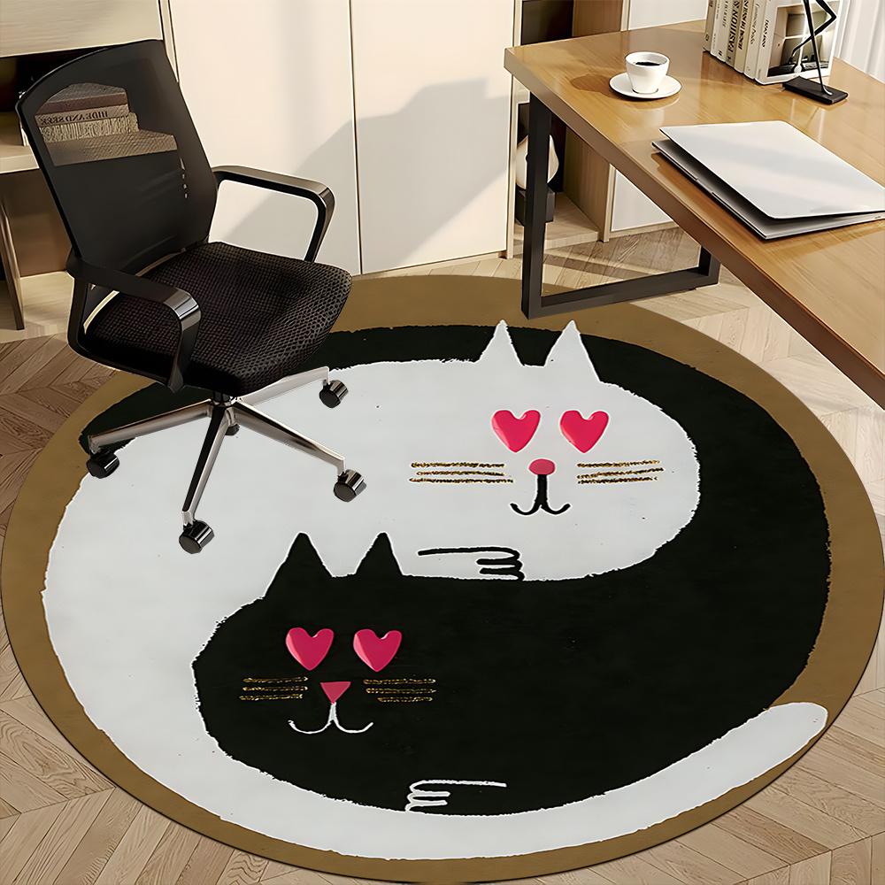 1pc Cats YinYang Office Round Area Rug, Indoor Mat Suitable ForOffice, Under Office Chairs Bedroom Living Room Home Decor, Room Deco 106