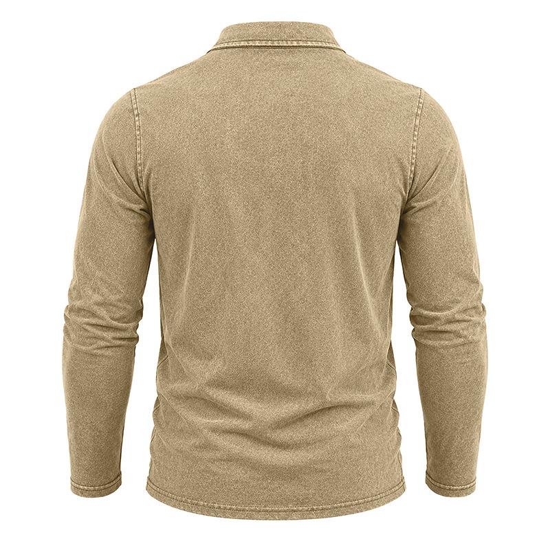 Men Vintage Washed Distressed Long Sleeve Polo Shirt Turn Down Collar Casual Top