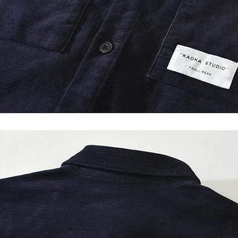 Spring/Autumn Long Sleeve Shirts for Men Vintage Japanese Style Corduroy Shirt Loose Top Square Double Pocket Casual Shirts
