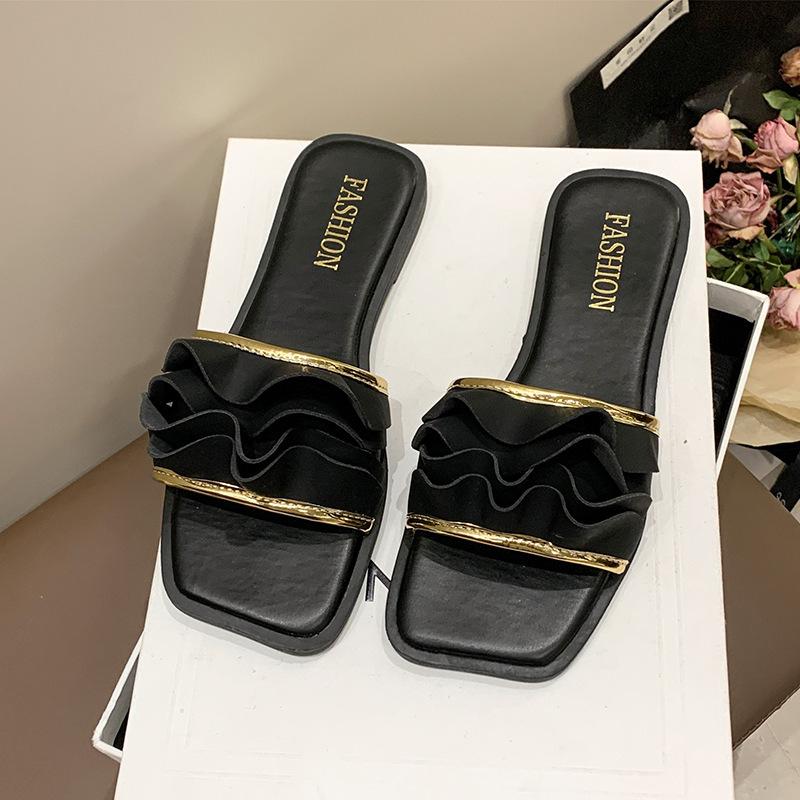 

Fashion Square Head Women s Slippers Casual Lightweight Outdoors Beach Flat Shoes Elegant Solid Color Open Toe Sandal 35 чёрный