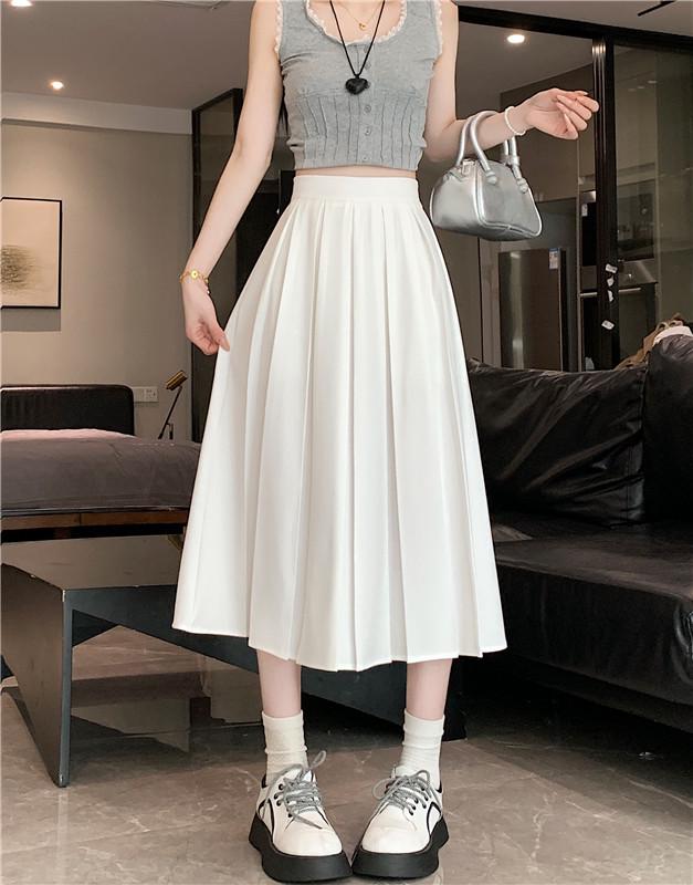

Plus Size Women s Chic A-Line Pleated Midi Skirt: Age-Defying Design in Solid Color for Curvy Figures L вершковий/білий