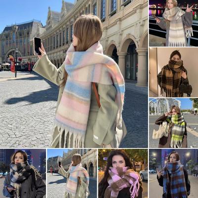 Winterschal Kaschmirgefühl Plüschschal mit Quastendekoration Verdickter warmer Karomuster Winterschal lang