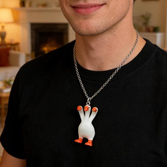 Three-Headed White Goose Keychain Pendant Necklace Earrings Three-Dimensional Relief Resin Hand-Painted Lightweight Necklace Jewelry Gift Accessories