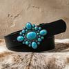Western Belt Retro Turquoise Design Distressed Silver Buckle Faux Leather Wide Navajo Ethnic Style